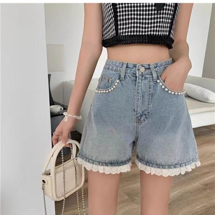 Hot Girl Denim Shorts Summer Sexy Lace Rhinestone High Waist Short Pants