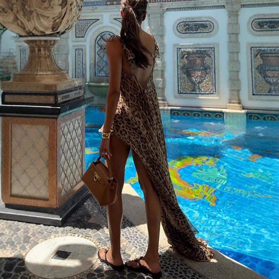 Women Leopard Print Cover Up Dress Halter Neck Maxi Beachwear with Shorts
