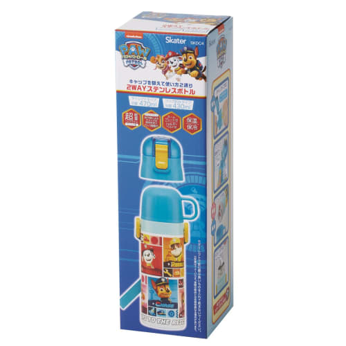 Skater Children's Water Bottle, 2-Way, 470ml (Direct Drinking) or 430ml (Cup Drinking), Paw Patrol Design, Size 25, Boys, Stainless Steel, Insulated,