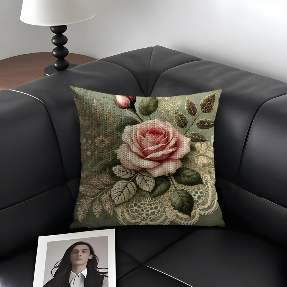 Rose Elegant Cushion Cover Natural Linen Organic Fabric DoubleSided Printing Sofa Home Decor Gift Pillow Case