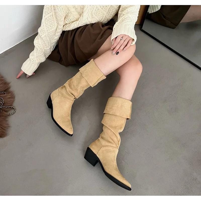 Fashionable Long Tube Boots Women's French Vintage Stack Boot Pointed Toe Western Cow Velvet Interior Knee High Boots