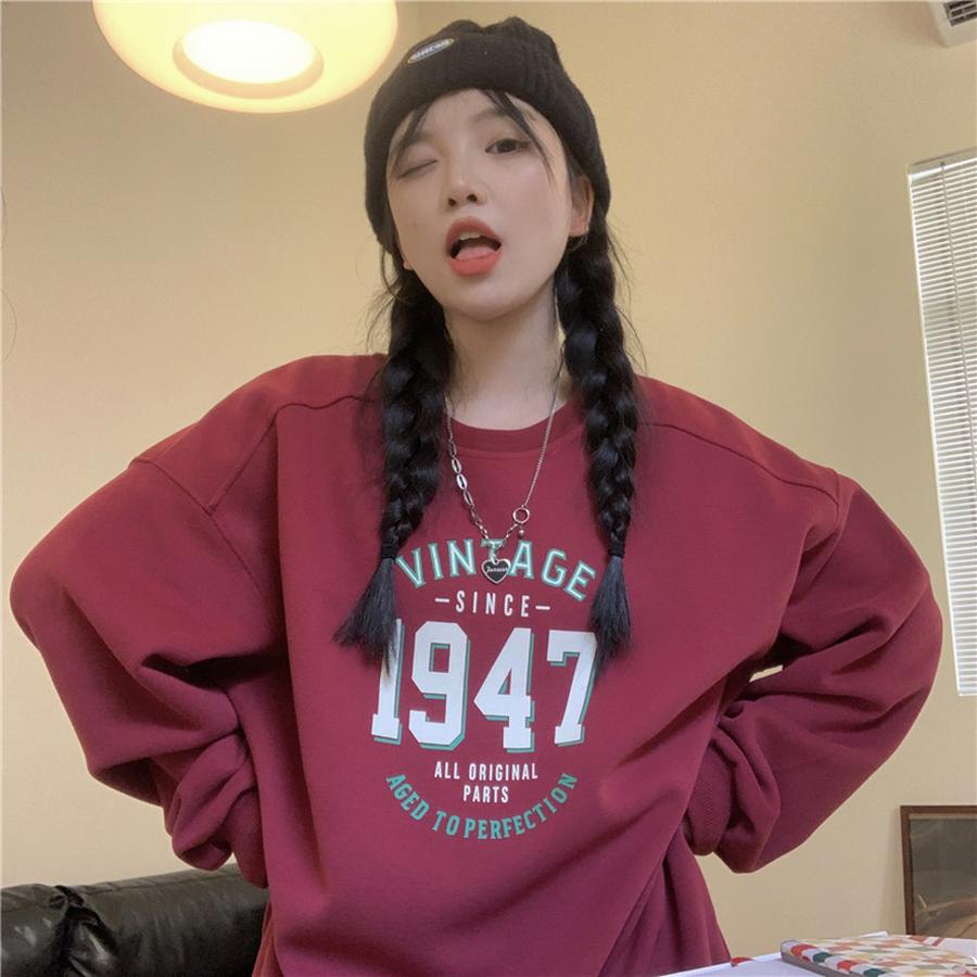Spring/Autumn Women's Hoodie, Korean Style Loose Long Sleeve Fleece Crew Neck Sweatshirt for Women