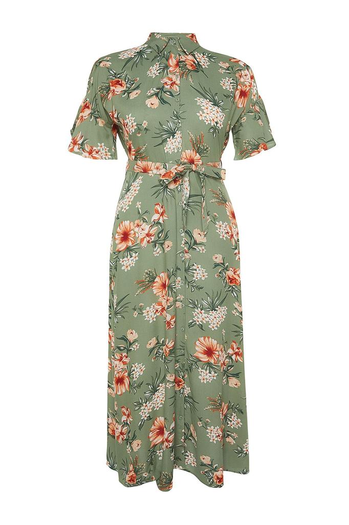 Women's Style Plus Size Green Floral Woven Slit Shirt Dress