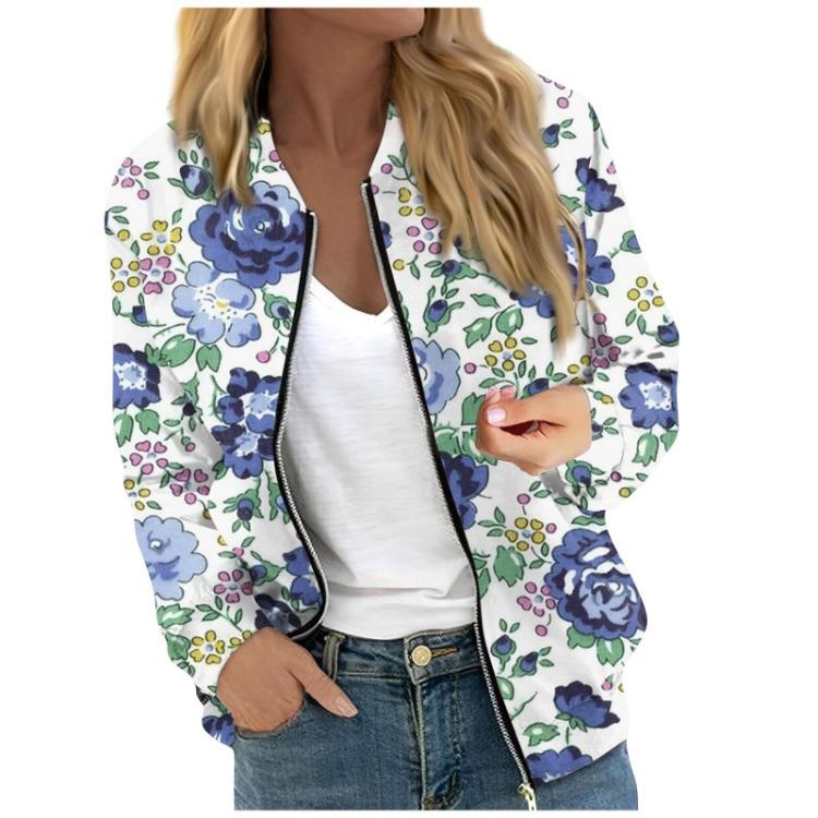 Fashionable Women Long Sleeve Casual Jacket Floral Leaf Print Round Neck Zipper