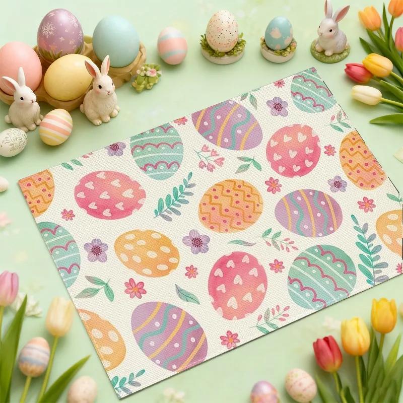 Rabbit Print Placemat Spring Flowers Easter Bunny Easter Egg Print Family Holiday Dinner Restaurant Decoration