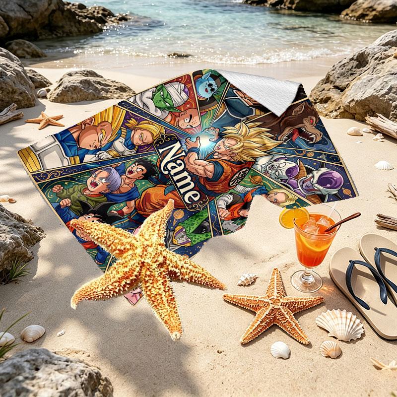Custom Name Personalized Dragon Ball Print Beach Towel, for Trip Camping Beach Party Home Decor, Birthday Gift for Family & Friends
