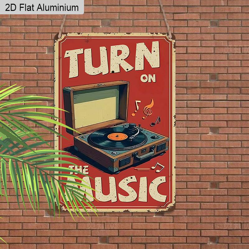 2D Flat 1pc Vintage Music Inspired Aluminium Wall Art Sign Turn on The Music 8x12 Inch Aluminium Rustic Home Bar Decor Music Studio Wall