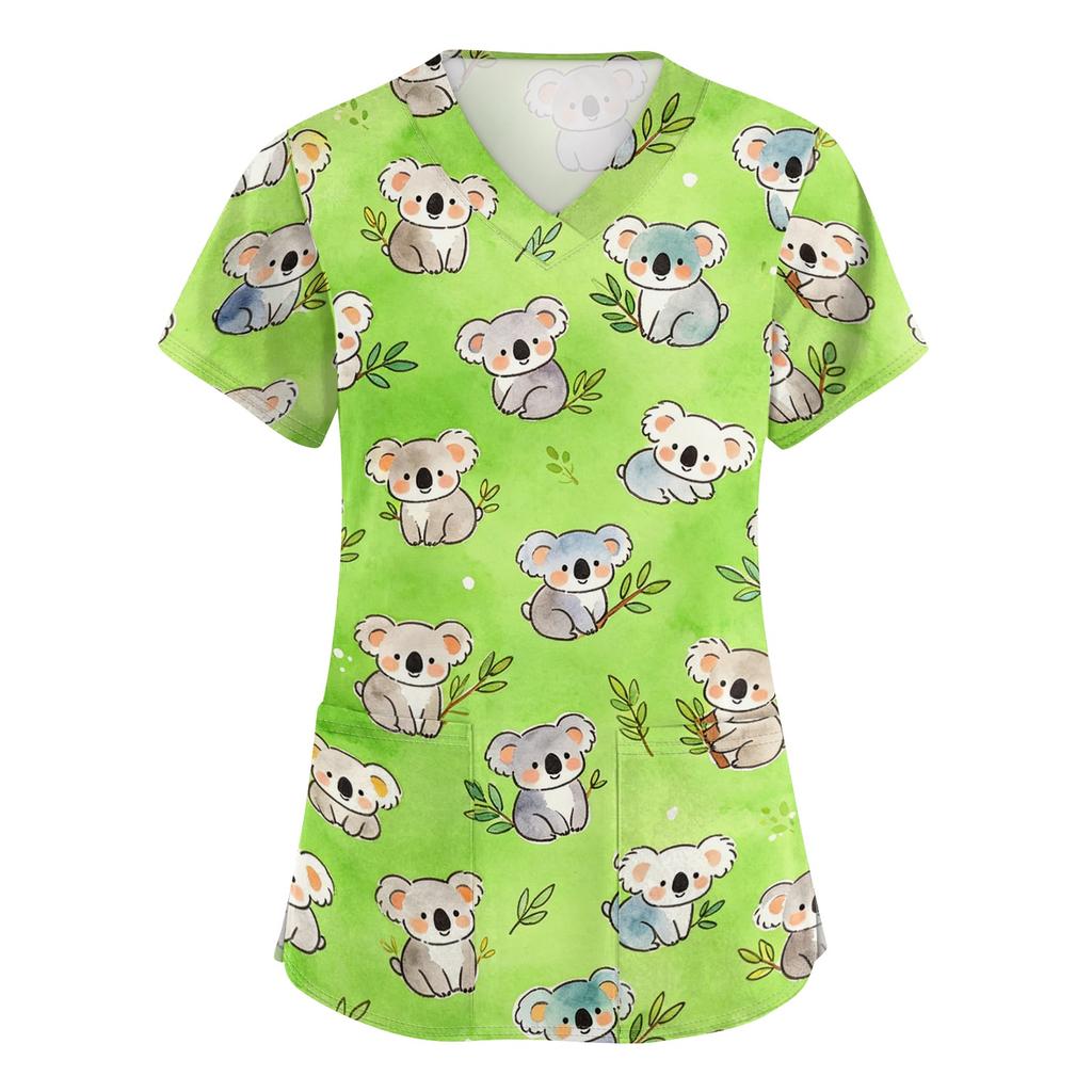 Damen V-Ausschnitt Kurzarm Arbeitshemd mit Taschen Tierprint Oberteil Medizinische Scrub Uniform für Gesundheitsberufe Bequeme Passform