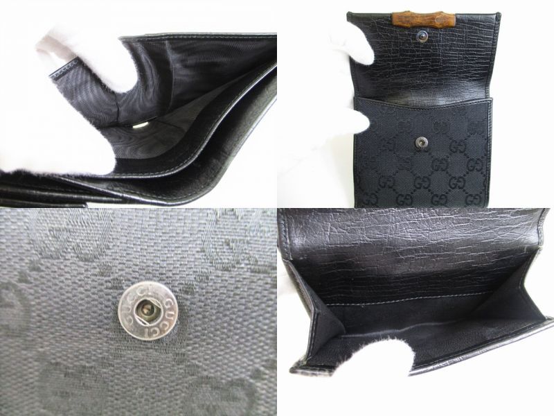 Authentic GUCCI GG Black Canvas Bamboo Bifold Wallet Compact Wallet #8353 Open Box