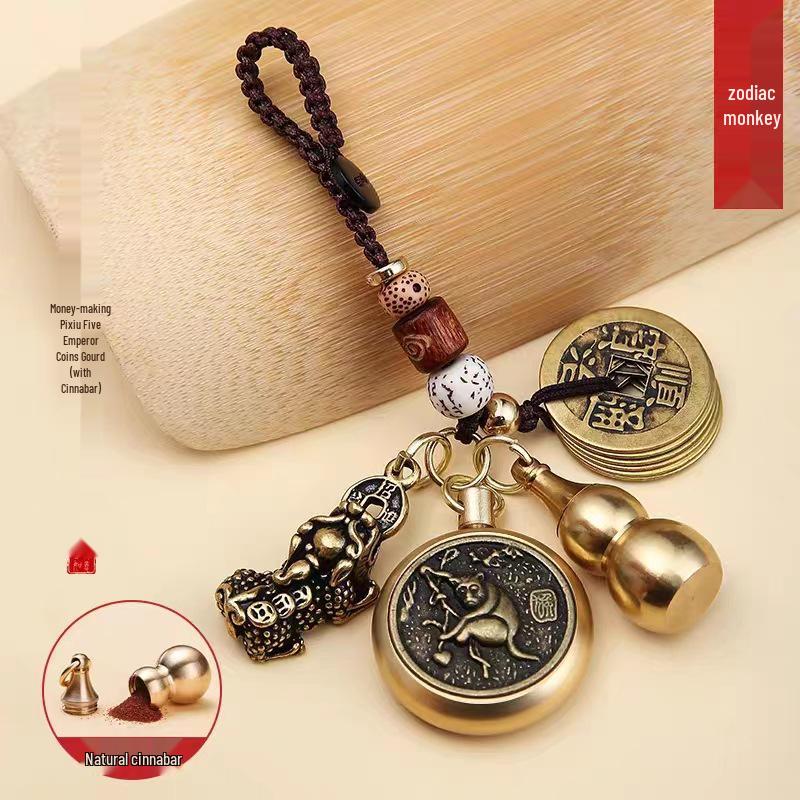 Reiner Messing Pixiu Kürbis Tierkreisanhänger mit Zinnobermünzen Schlüsselanhänger
