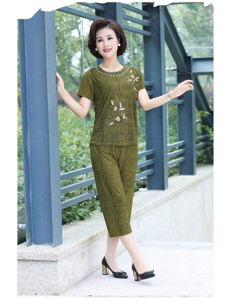 2024 Summer Plus-Size Imitation Ice Silk Two-Piece Suit for Middle-Aged & Elderly Women