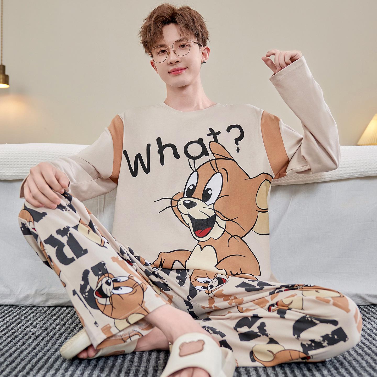 

Men s Cartoon Cotton Pajamas Set – Long Sleeve & Pants for Teens, Ideal for Autumn, Indoor/Outdoor Wear L (90-110 Jin)