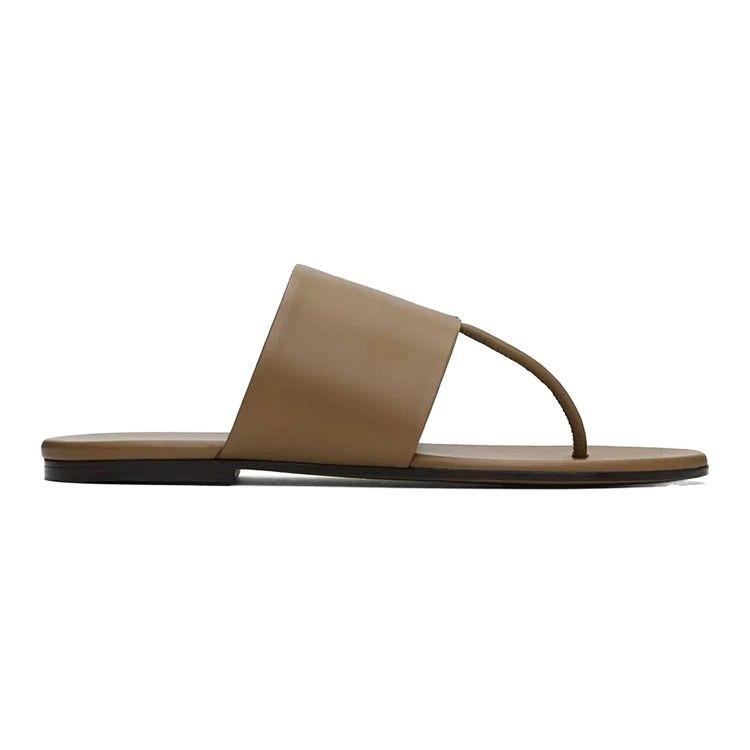 Cowhide version~ row style flat-bottomed toe slippers women's outer wear 2025 summer new beach simple word with sandals