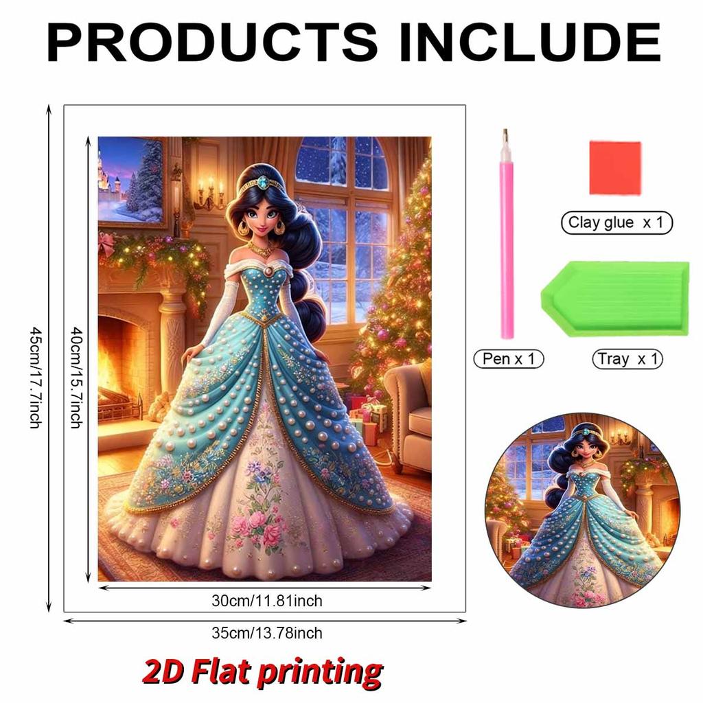 Classic Princess Jasmine Pearl Dress Pearl Art Painting Blue and Green Gradient Pearl Floral Embroidery Elements Pearl Inlay Frameless Craft Painting
