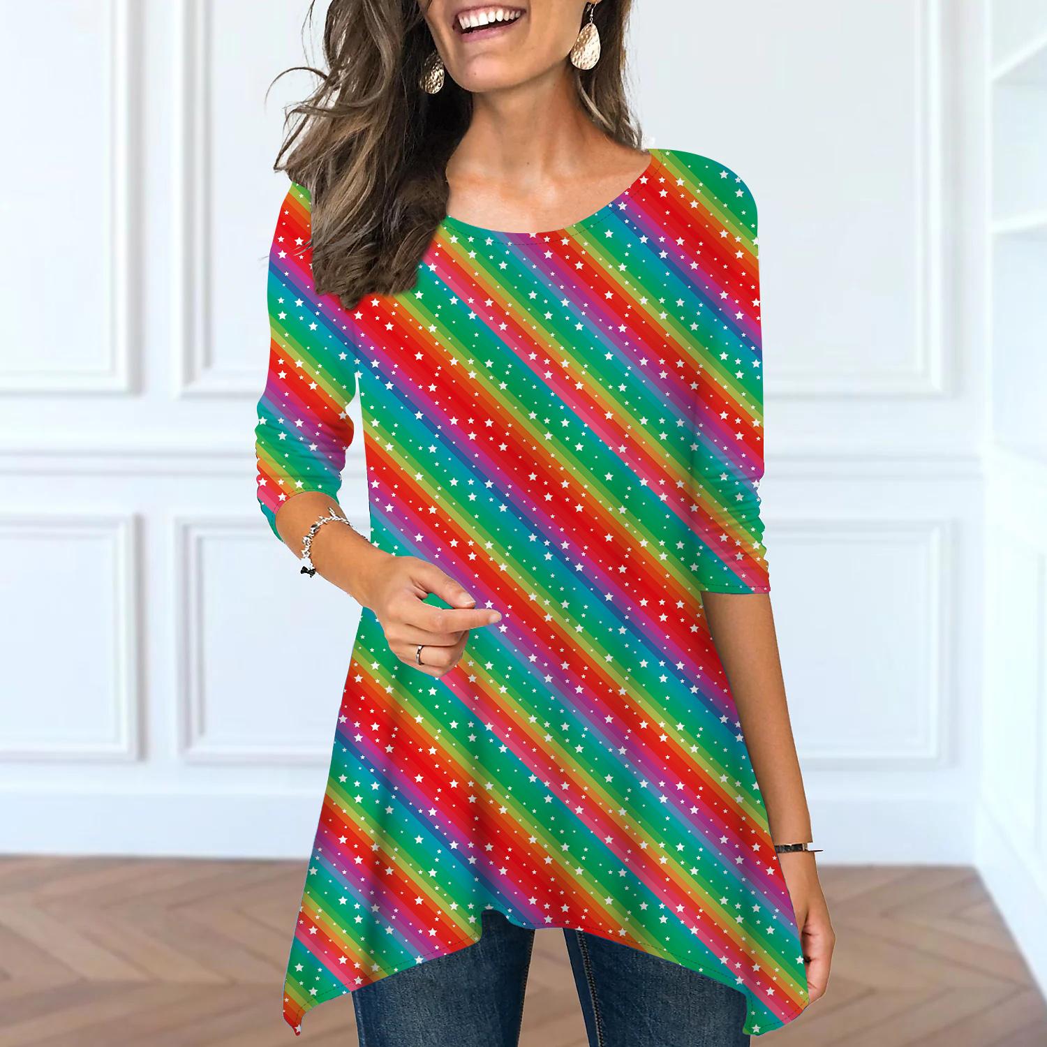 

Женские весенние топы с круглым вырезом и разноцветными полосками, модные футболки с длинными рукавами и неровным подолом 8XL красный