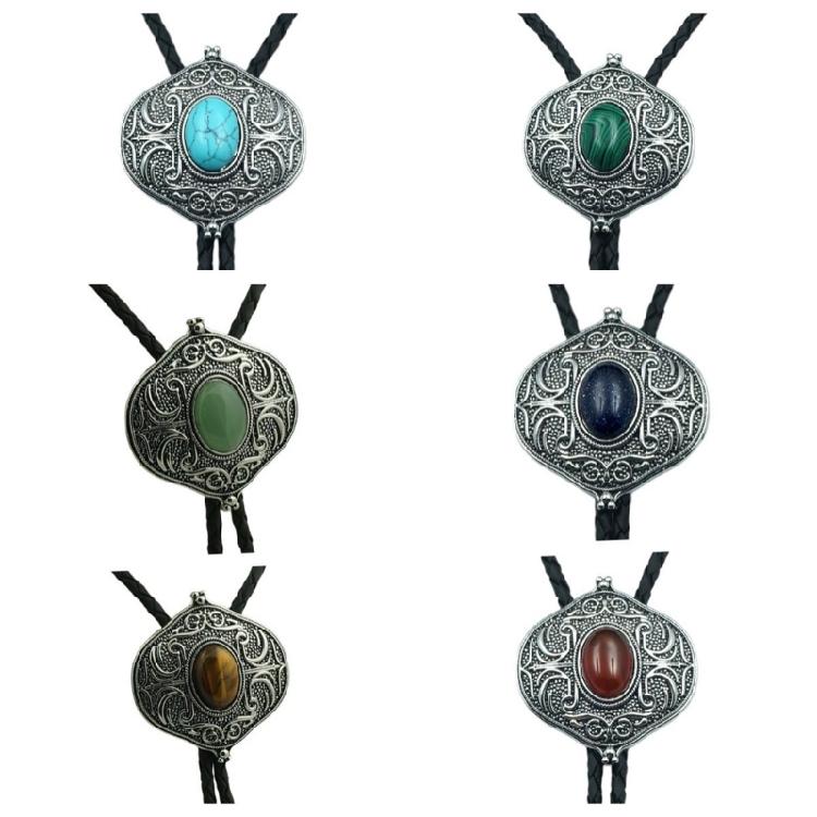 Elegant Black Bolo Tie with Gemstones Pendant Cowboy Necktie Western Tie