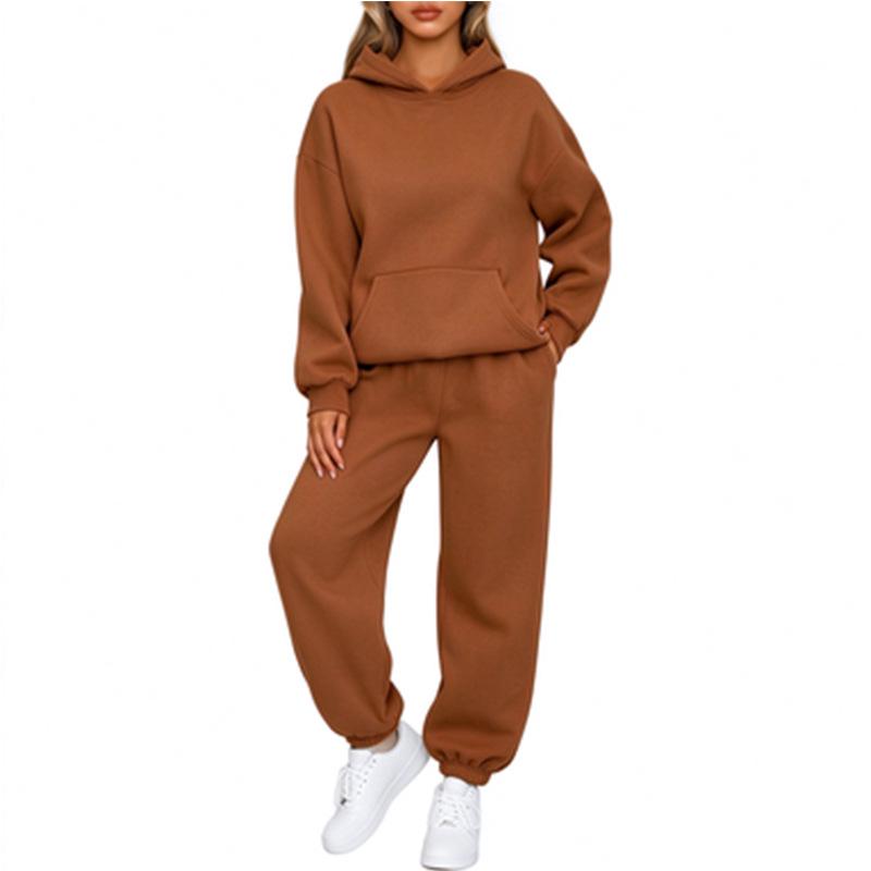 Avrupa ve Amerikan Kadın Sonbahar/Kış 2 Parçalı Günlük Kapüşonlu Sweatshirt ve Eşofman Altı Takımı