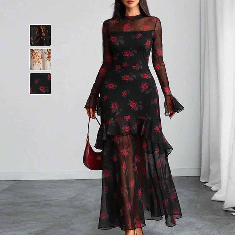 Европейское черное платье с оборками и цветочным принтом Large