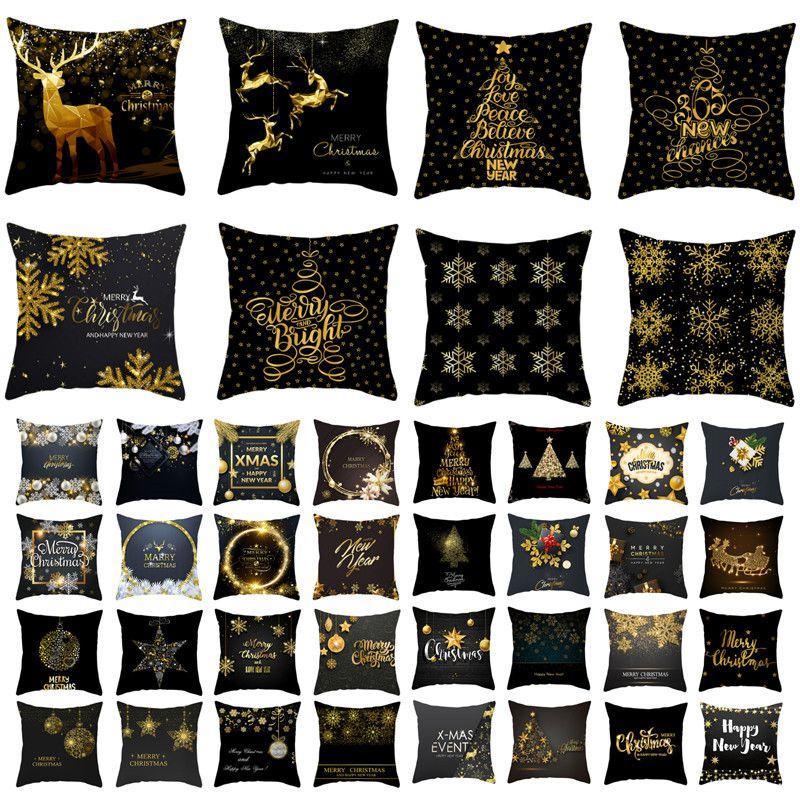 18" Merry Christmas Cushion Cover Home Decor Xmas Throw Pillow Case Gold Black