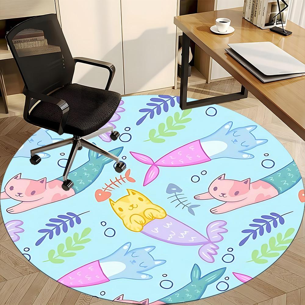 1pc Mermaid Cats Office Round Rug, Non-slip, Soft and Durable Office Rug for Interior Decoration, Perfect for Office, Beautiful Decoration yy260324009