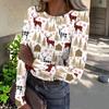 Women's Casual Long Sleeve Ribbed Neck Christmas Print Pullover Top