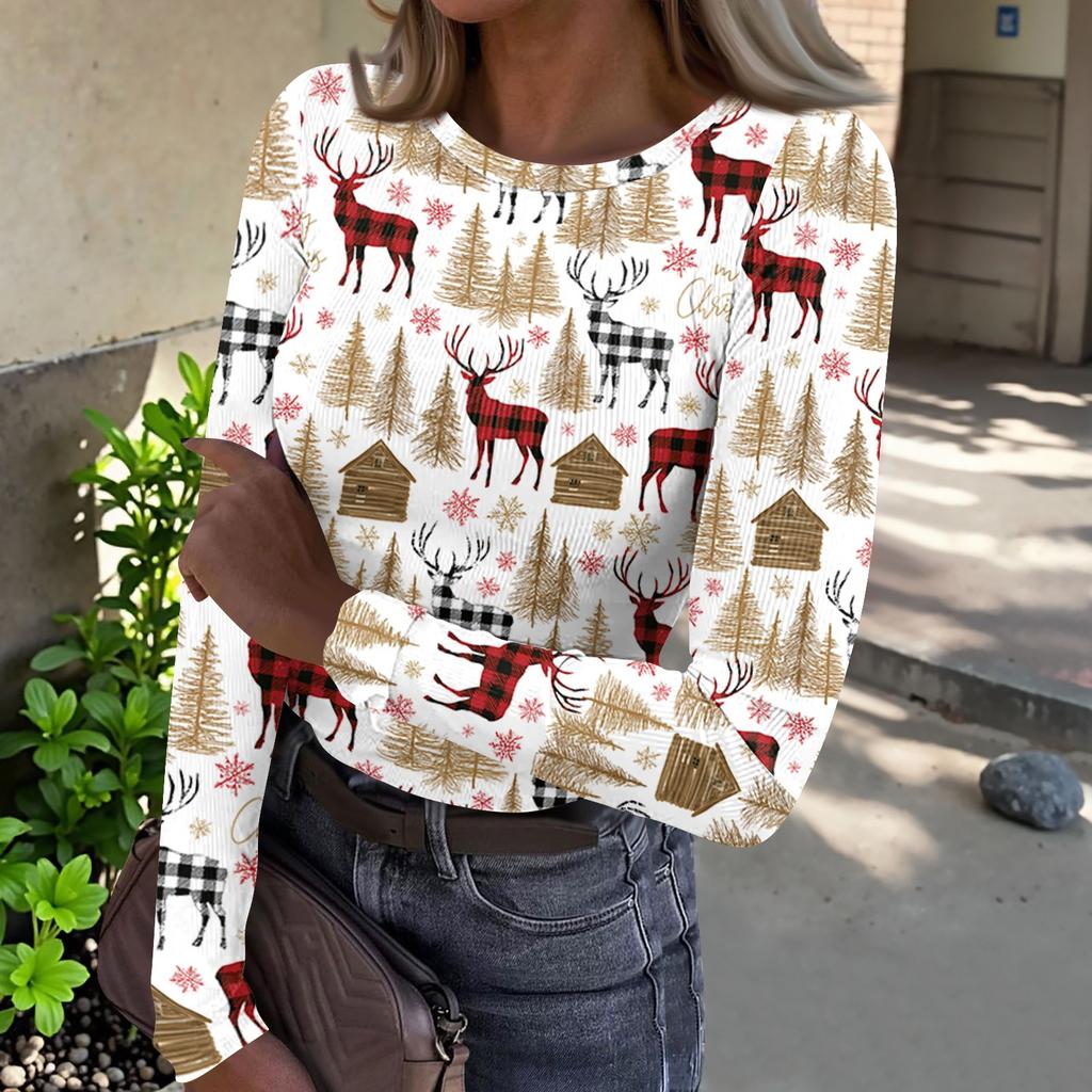 Women's Casual Long Sleeve Ribbed Neck Christmas Print Pullover Top