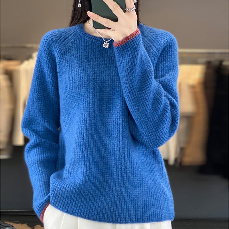 Women's Slim-Fit Color-Block Waffle Knit Wool Sweater - Stylish, Age-Reducing, Thickened Round Neck Base Layer Sweater, New Arrival