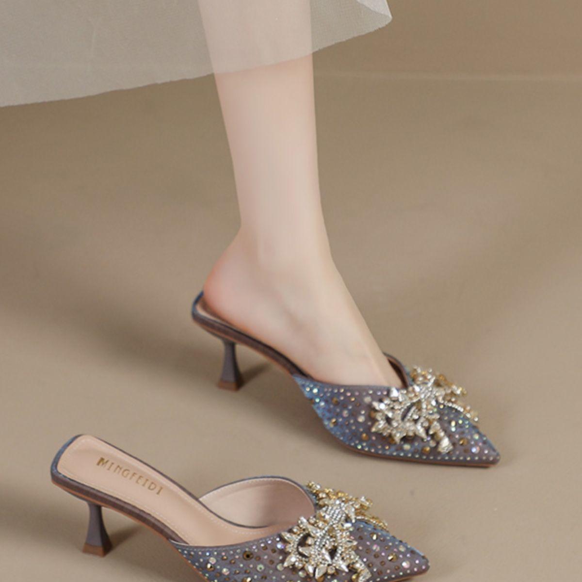 

Туфли-лодочки с острым носком на тонком высоком каблуке, женские, с сумкой на носке, полушлепанцы, женская летняя обувь 2025, новые крутые шлепанцы со стразами 40 синий