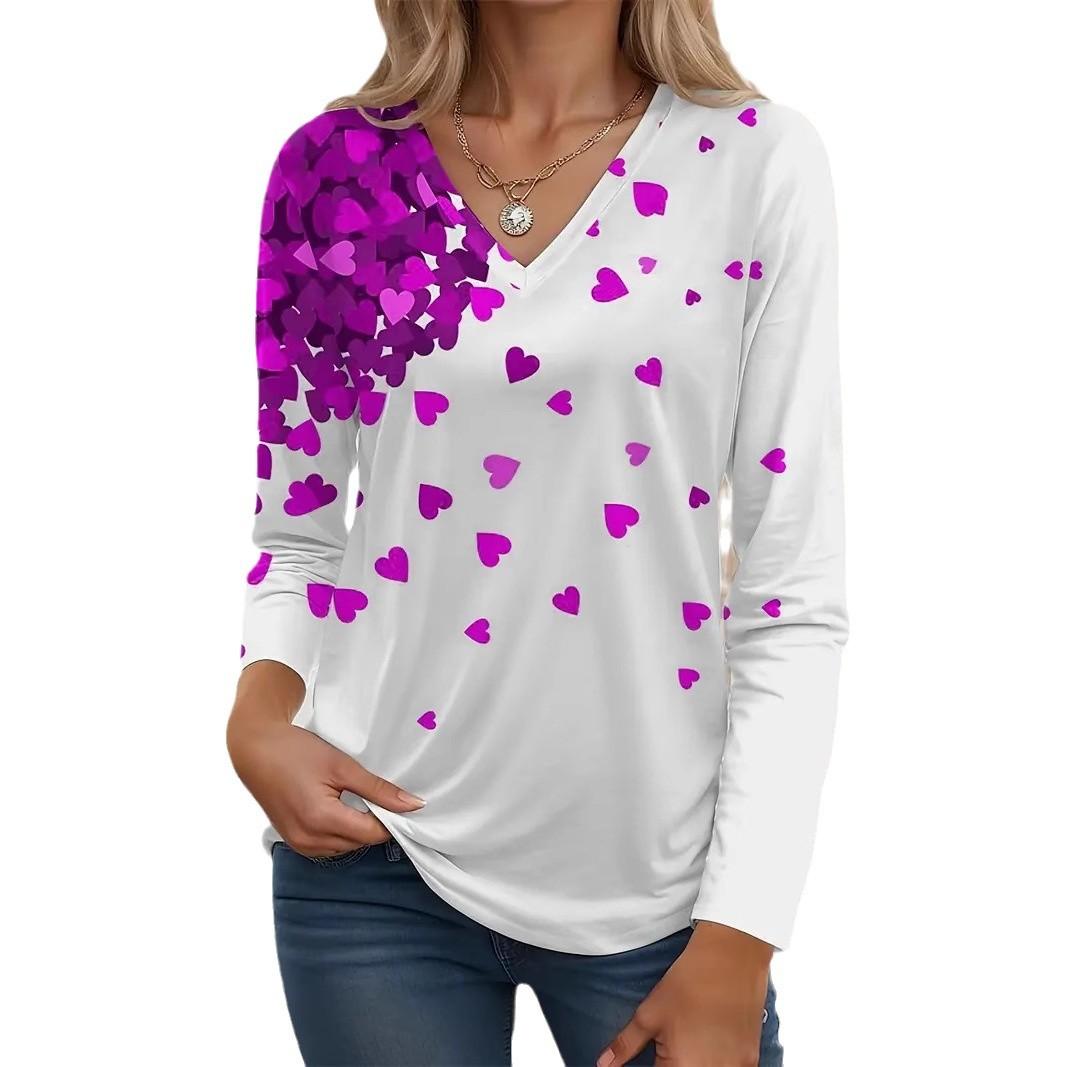 

Топ с V-образным вырезом и 3D-принтом с узором «Любовь», модная повседневная женская футболка с длинным рукавом 6XL