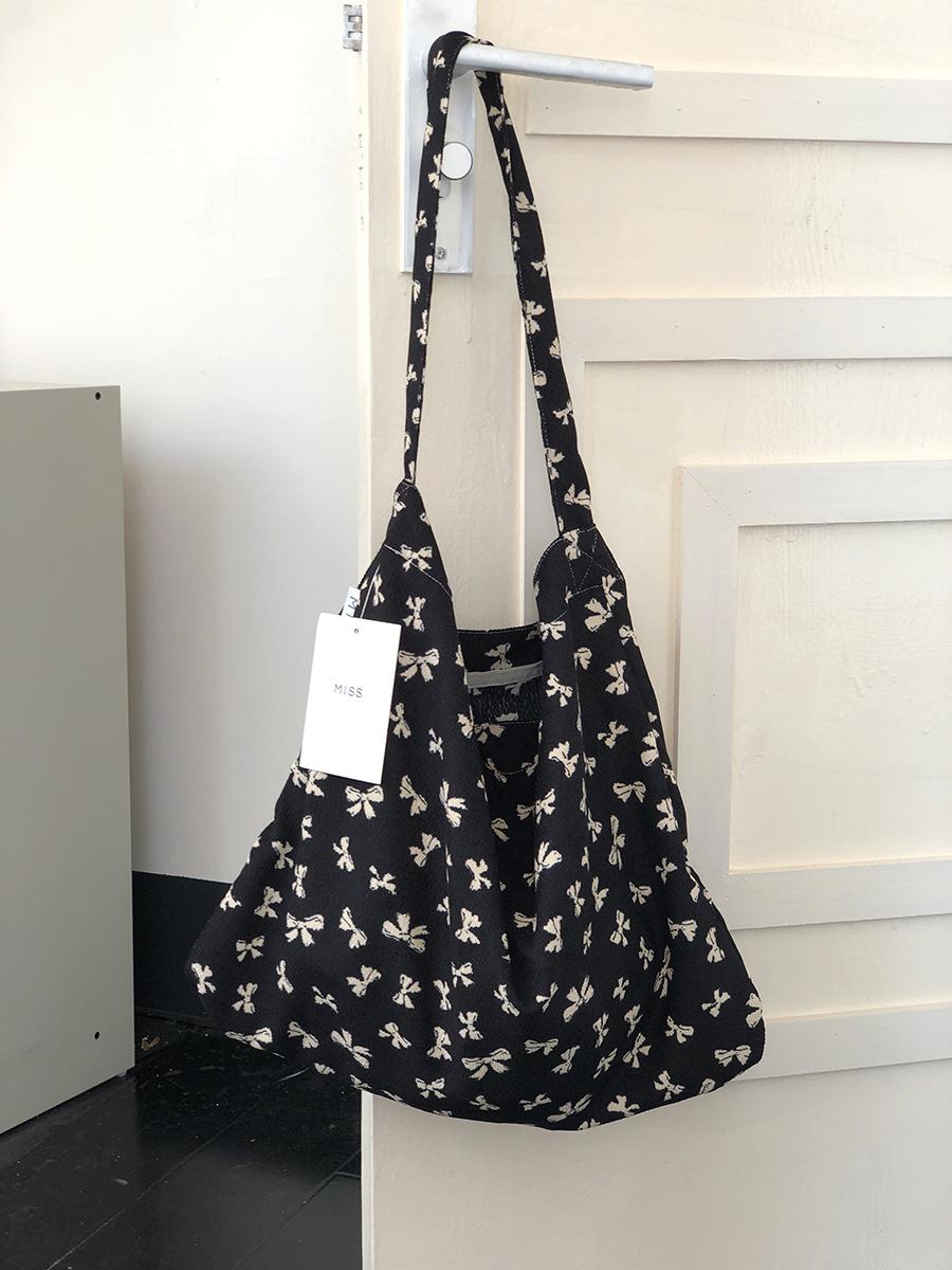 Ins сумка на одно плечо с цветочным принтом, черный бант, розовая холщовая сумка с принтом, студенческая сумка для покупок, большая сумка 57X44CM чёрный