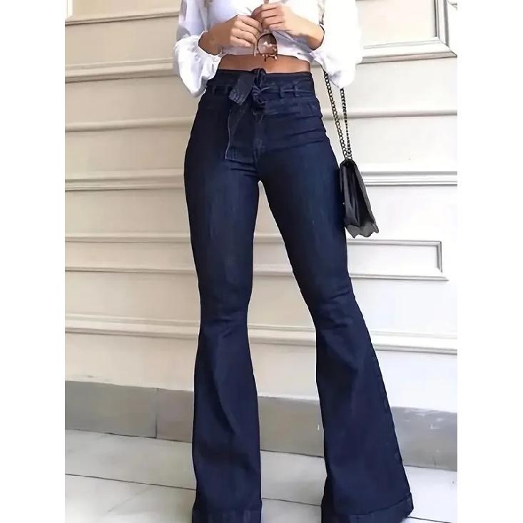 Ladies Deep Blue High Waist Bell Bottom Jeans Elastic Stretch Leg Lengthening Belted Waist