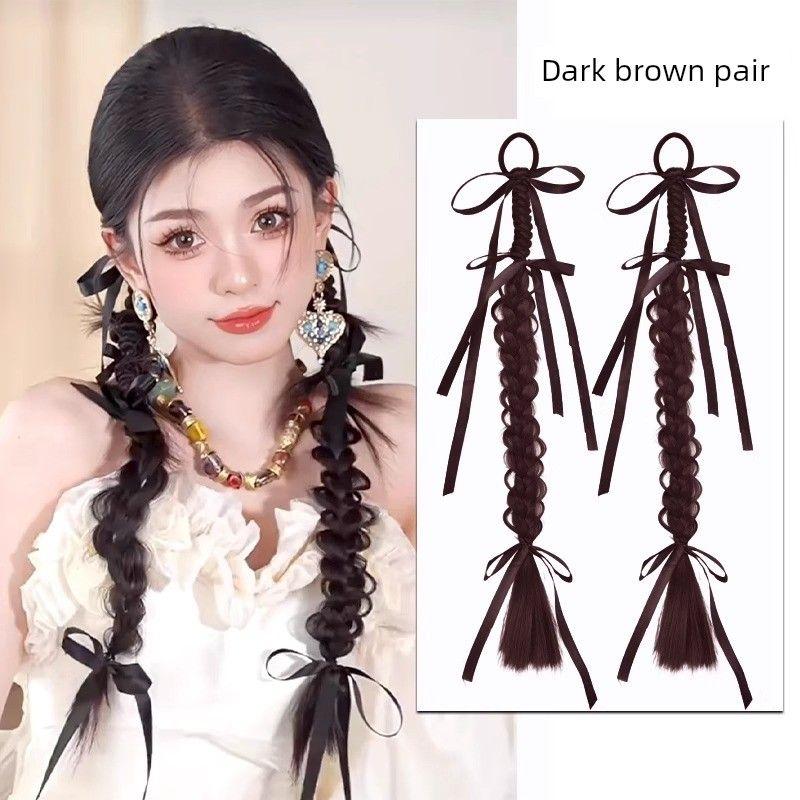 New Chinese Style Braid Wig Handmade Fishbone Plaits Bridal Gown Shape Twisted Twist Braid Ribbon Horse Tail