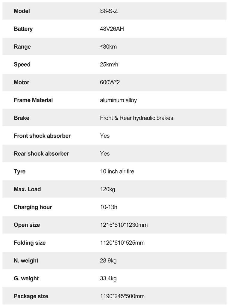 JOYOR S8-S-Z Electric Scooter - 600W*2 Motors 48V26AH Battery 75KM Range Disc Brakes - Black- NO ABE.
