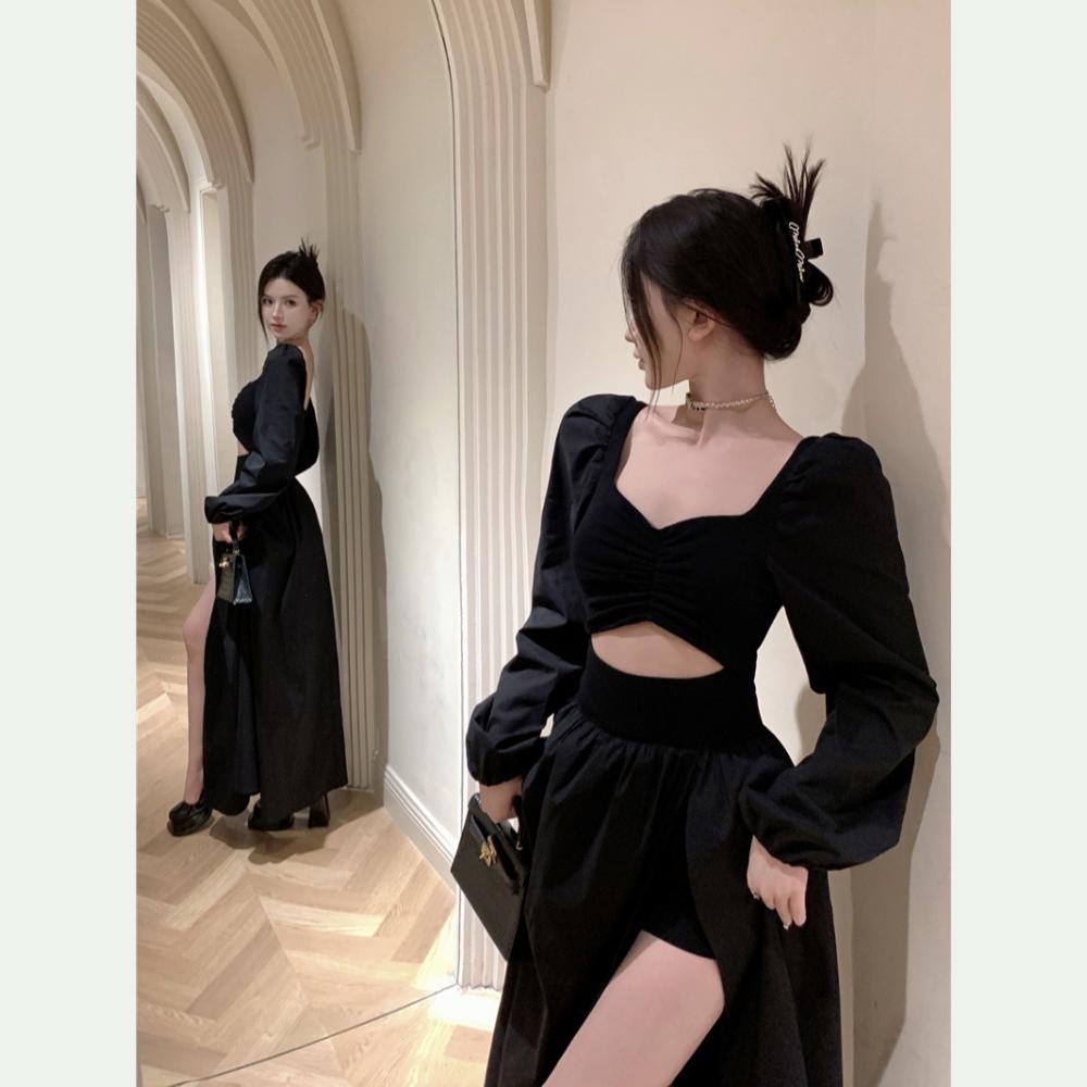 Vestidos de Manga Larga Mujer Vestido Sexy Maxi Chic Streetwear Francés