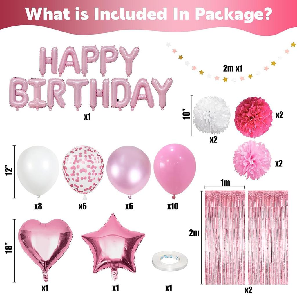 Princess Pink Balloon Set Girl Birthday Decoration Arrangement Balloon Paper Flower Ball Rain Silk Curtain Birthday Flag