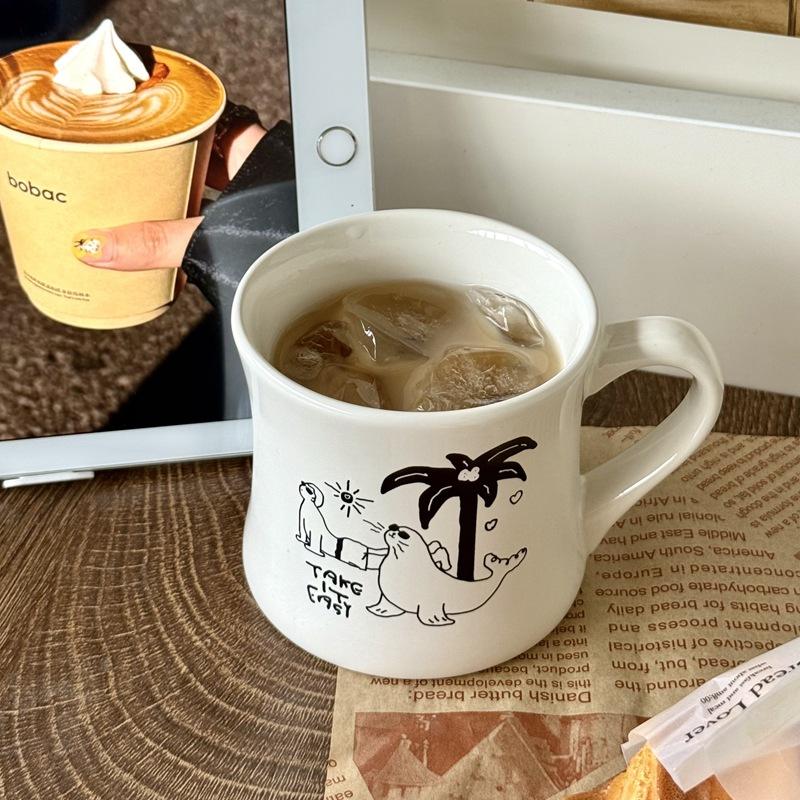 

Island Coconut Tree Style Ceramic Cup Coffee Cup Japanese and Korean Ins Style Mug Girl Drinking Cup 301-400ml