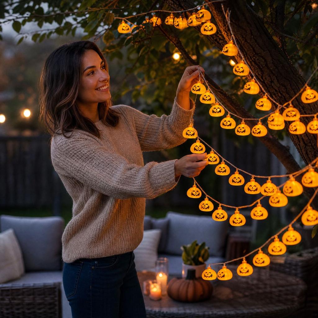 Halloween Pumpkin String Lights with 6 Double-Sided Large Pumpkins, 20 LED Battery Powered Decor