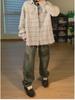2024 Spring American Retro Plaid Edge Long Sleeve Couple Shirt for Men and Women