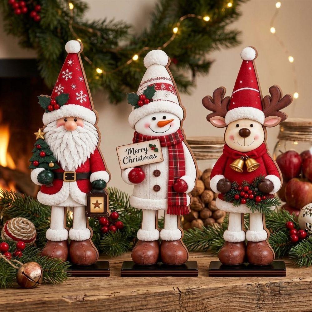 3Pcs 2D Flat Santa Snowman Reindeer Figurines Set Christmas Table Plaques Festive Atmosphere