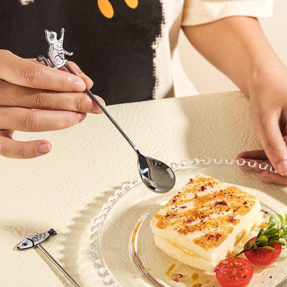 Japanese Korean Style Cartoon Cat Spoon Polished Honey Stirring Spoon New Dessert Spoon