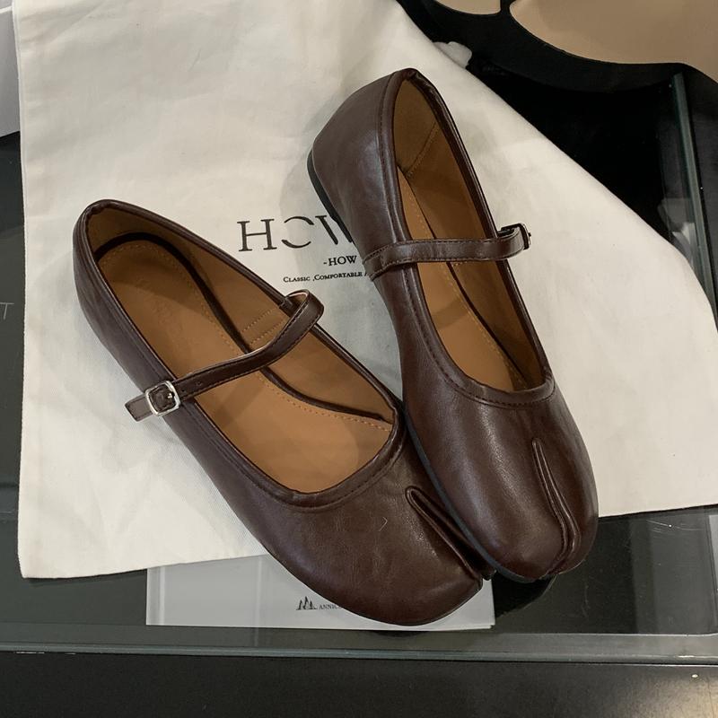 Fashion SUOJIALUN 2025 Autumn Women Flat Shoes Fashion Split Toe Slip On Mary Jane Ballet Shoes Soft Flat Heel Outdoor Casual Single Sh