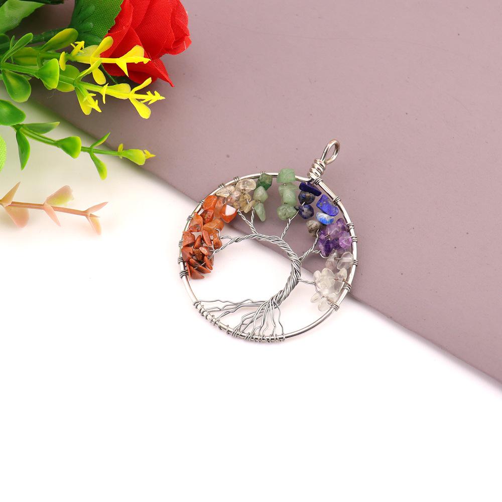 Rainbow Life Tree Wire-Wrapped Crystal Pendant Necklace N746