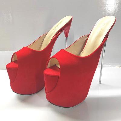 Neue ultrahohe feine Absätze 19 cm Stahlabsatz Wildleder rot große Größe Pantoletten hassen himmelhohe sexy Damenschuhe Sandaletten mit hohen Absätzen