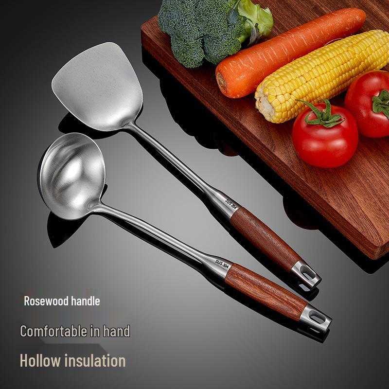 304 Stainless Steel & Pear Wood Kitchen Utensil Set - Stir-Fry Spatula, Skimmer, Frying Spatula, Rice Spoon.