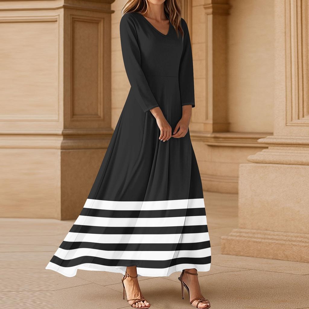 Women's Three-quarter Sleeves Fashionable Floral Stripe Print Loose Casual Comfortable Dress