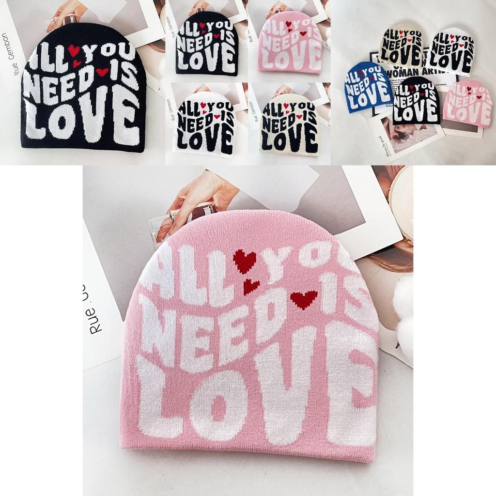 Simple Color Blocked Letter Heart Pattern Women Casual Warm Knitted Hat For Street Style Warmth