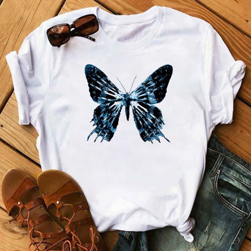 Summer Butterfly Print Plus Size Loose Round Neck Pure Cotton Short Sleeved Top T-Shirts Women’s Tees
