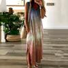 Women V Neck Sleeveless Gradient Color Pockets Slitting Hem Long Dress