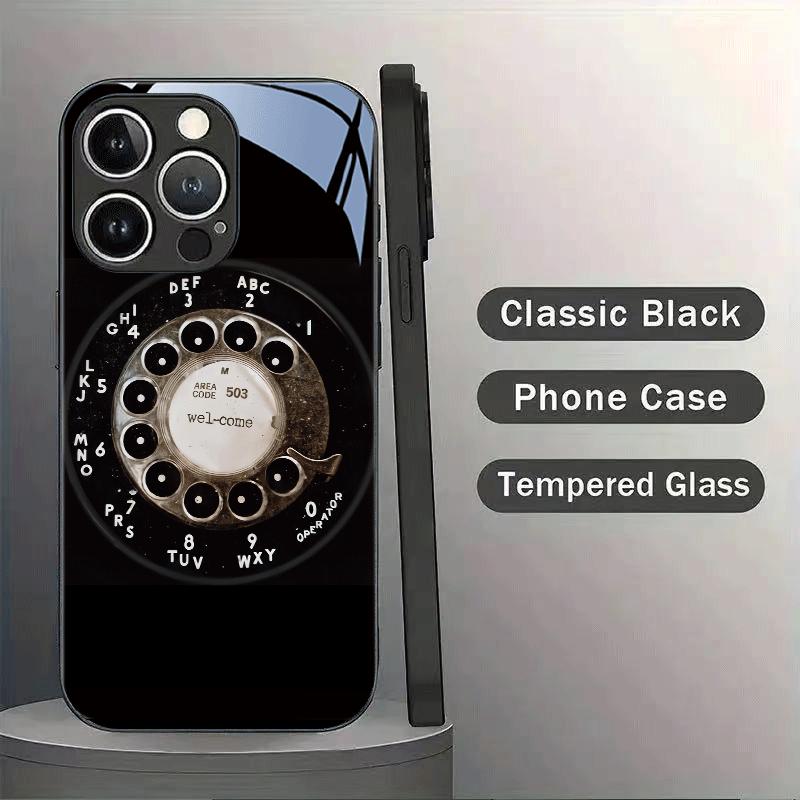 Vintage Turntable Phone Pattern Tempered Glass Phone Case Black for iPhone17 16P 15 14 13 12 11 11 Pro Back Cover
