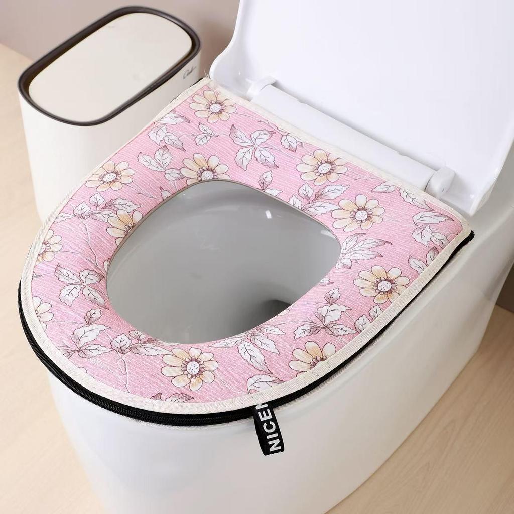 Breathable Cotton Linen Washable Toilet Seat Cover with Handle and Zipper - Universal Fit and Skin-Friendly